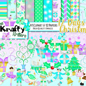 12 DNI BOŻEGO NARODZENIA Clipart & Papers Kit, 41 png Cliparts, 12 jpeg Papers Instant Download prezentuje jemioła światła turkawki prezenty świąteczne