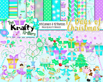 12 DAYS OF CHRISTMAS Clipart & Papers Kit, 41 png Cliparts, 12 jpeg Papers Instant Download presents mistletoe lights turtledoves xmas gifts