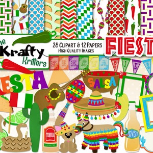 FIESTA Clipart & Papers Kit, 28 png Cliparts, 12 jpeg Papers Instant Download rattlesnake lemon chili pinata sombrero flag cactus taco chip
