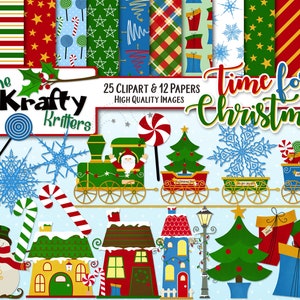 TIME FOR CHRISTMAS Clipart & Papers Kit, 25 png Cliparts, 12 jpeg Papers Instant Download snowman, Santa, presents, candy cane, town train