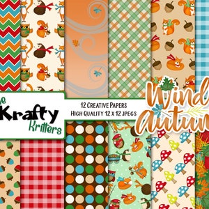 May include: A set of 12 creative papers with autumn designs, including squirrels, owls, acorns, and leaves. The papers are 30.48 x 30.48 cm and feature the text "Windy Autumn" and "The Krafty Kritters."