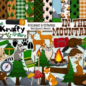 EN LAS MONTAÑAS Clipart & Papers Kit, 41 png Cliparts, 12 jpeg Papers Instant Download oso, castor, erizo, mapache, ciervo, caza, fuego