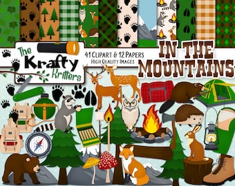 IN THE MOUNTAINS Clipart & Papers Kit, 41 png Cliparts, 12 jpeg Papers Instant Download bear, beaver, hedgehog, raccoon, deer, hunting, fire
