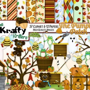 DE POMPOEN PATCH Clipart & Papers Kit, 37 png Cliparts, 12 jpeg Papers Instant Downloado bladeren beren bijenkast kikkers gnome tools