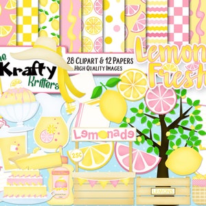 LEMONY FRESH Clipart & Papers Kit, 28 png Cliparts, 12 jpeg Papers Instant Download, cytryny, wiosna, lemoniada, plasterek cytryny, sok, ciasto, tort