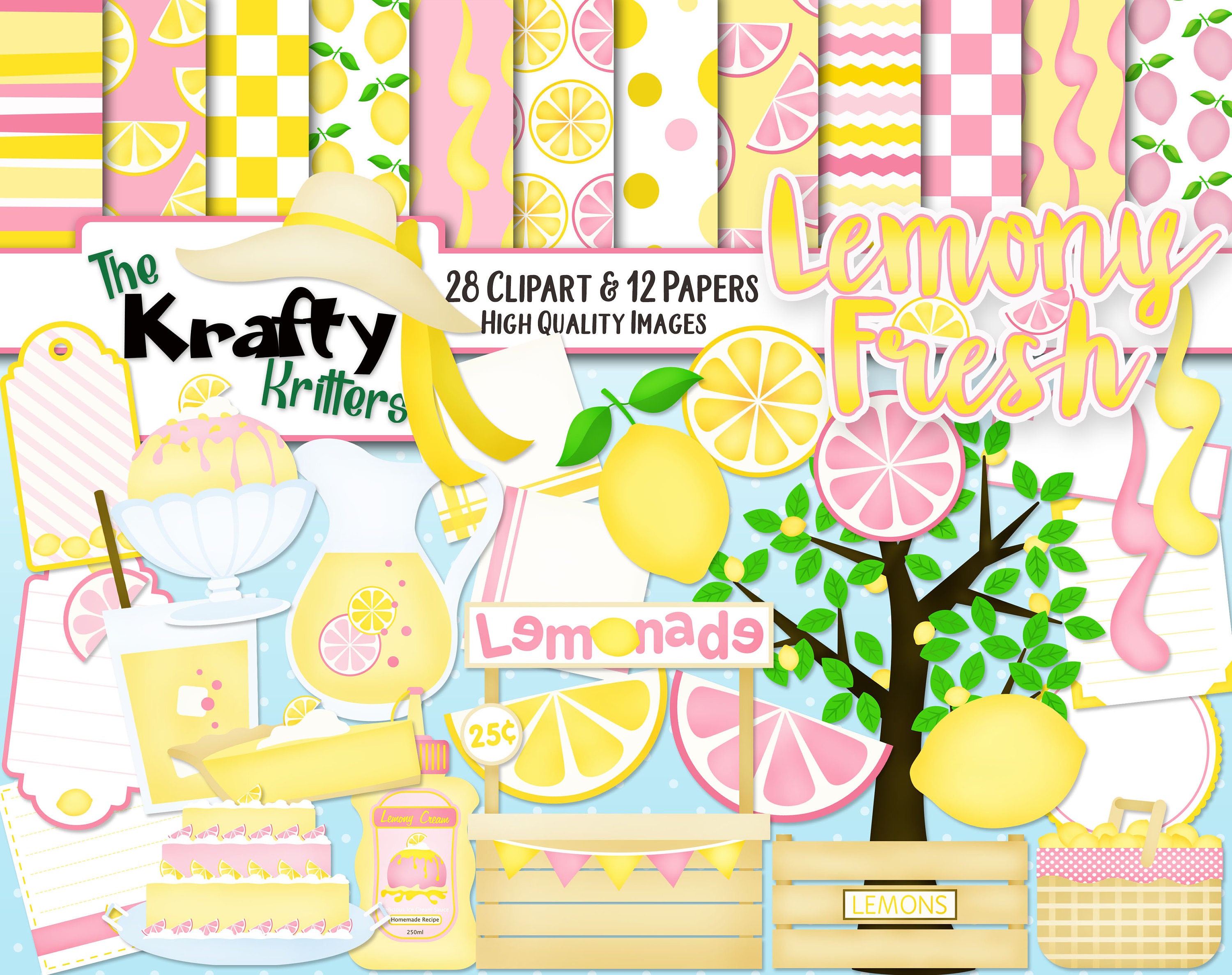 LEMONY FRESH Clipart & Papers Kit, 28 png Cliparts, 12 jpeg Papers In…