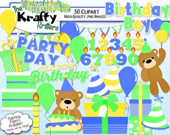 Puede incluir: Un conjunto de 30 imágenes de clipart para una fiesta de cumpleaños. Las imágenes están en un esquema de color azul, verde y amarillo y presentan un oso de peluche, globos, regalos, sombreros de fiesta y velas. El texto "The Krafty Kritters" y "Birthday Boy" están incluidos en la imagen.