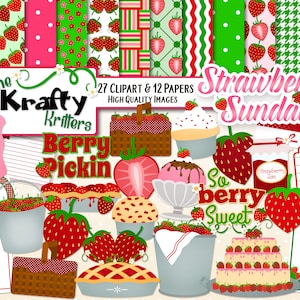 AARDBEI SUNDAE Clipart & Papers Kit, 27 png Cliparts, 12 jpeg Papers Instant Download, aardbeien, ijs, siroop, taart, cake, mand