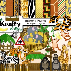 May include: A digital clipart set featuring 31 zoo animal illustrations and 12 patterned papers. The clipart includes a zebra, tiger, elephant, monkey, giraffe, gorilla, and more. The papers feature stripes, polka dots, and animal prints. The text "The Krafty Critters" and "At The Zoo" is included in the image.