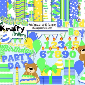 BIRTHDAY BOY Clipart & Papers Kit, 30 png Cliparts, 12 jpeg Papers Instant Downloado balloons bears cake presents banners word art candles