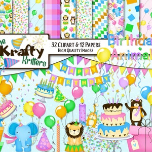 BIRTHDAY ANIMAL Clipart & Papers Kit, 32 png Cliparts, 12 jpeg Papers Instant Downloado lions bears balloons cakes cats elephants presents