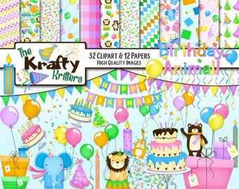 BIRTHDAY ANIMAL Clipart & Papers Kit, 32 png Cliparts, 12 jpeg Papers Instant Downloado lions bears balloons cakes cats elephants presents