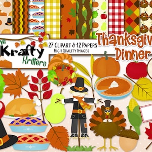 THANKSGIVING DINNER Clipart & Papers Kit, 27 png Cliparts, 12 jpeg Papers Instant Download turkey pumpkin pie cornucopia pilgrim scarecrow
