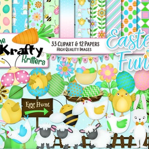 EASTER FUN Clipart & Papers Kit, 33 png Cliparts, 12 jpeg Papers Instant Download, carota, primavera, primavera, coniglietti, coniglio pasquale, pulcino