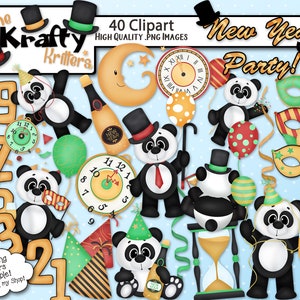 ¡FIESTA DE AÑO NUEVO! Imágenes Prediseñadas digitales, 40 imágenes prediseñadas png de alta calidad, descarga instantánea, Panda, máscaras, números, sombrero, reloj, globo, bebida, confeti