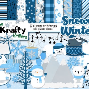 SNOWY WINTER Clipart & Papers Kit, 27 png Cliparts, 12 jpeg Papers Instant Download snowman tree tags musical notes whale hot cocoa seal