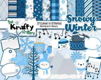 SNOWY WINTER Clipart & Papers Kit, 27 png Cliparts, 12 jpeg Papers Instant Download snowman tree tags musical notes whale hot cocoa seal