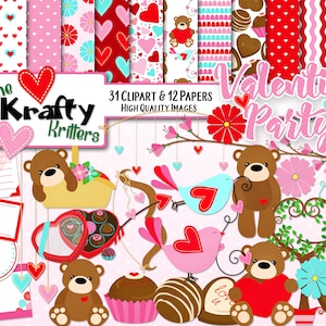VALENTINE PARTY Clipart & Papers Kit, 31 png Cliparts, 12 jpeg Papers Instant Download, teddy bear, hearts, bow and arrow, valentine&#39;s day