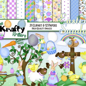 EASTER SUNDAY Clipart & Papers Kit, 31 png Cliparts, 12 jpeg Papers Instant Download, carrot, spring, springtime, bunnies, easter rabbit