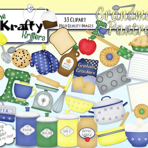 Puede incluir: Un conjunto de clipart digital de 33 imágenes que presentan artículos de cocina y suministros para hornear en un estilo vintage. Las imágenes incluyen una batidora de pie, un rodillo, tazas medidoras, cucharas medidoras, un cortador de galletas, una bolsita de té, un frasco de salsa de manzana, un frasco de mantequilla, un frasco de harina, un frasco de azúcar, un frasco de sal, un tazón de huevos, una jarra de leche, un pastel, una galleta, un tazón para mezclar, un batidor, una espátula, una báscula, un molde para hornear, una tarjeta de receta y un paño de cocina. Las imágenes están en un esquema de color amarillo, azul, verde y rojo. El texto "Grandma's Pantry" y "The Krafty Kritters" está incluido en la imagen.