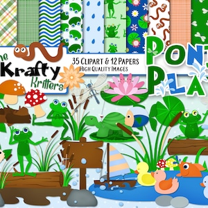 Op de afbeelding: Een set van 35 clipart-afbeeldingen en 12 digitale papieren met een vijverthema. De clipart bevat kikkers, schildpadden, libellen, waterlelies, vissen en andere vijverwezens. De papieren hebben verschillende patronen, waaronder groene en blauwe strepen, stippen en bloemenpatronen. De tekst "The Krafty Critters Pond Play" is te zien in de afbeelding.