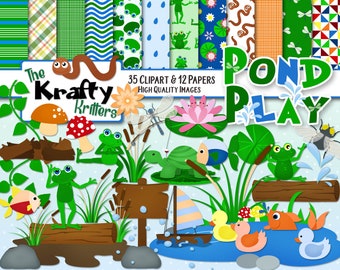 POND PLAY Clipart & Papers Kit, 35 png Cliparts, 12 jpeg Papers Instant Download, frog, lake, puddle, splash, duck, cat tail, log, mud, fly