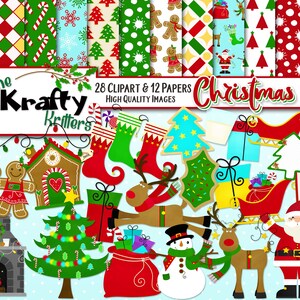 CHRISTMAS EVE Clipart & Papers Kit, 28 png Cliparts, 12 jpeg Papers Instant Downloado snowman fireplace tree chimney Santa present lights