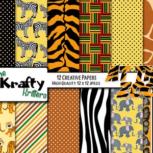 Digitala papper från PÅ ZOO, 12 högkvalitativa jpeg-papper direktnedladdning tigrar, streck, elefanter, giraffer, prickar, linjer, gorillor, apor