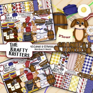 May include: Digital clipart set featuring the text "The Krafty Kritters" and "Grandpa's Pantry". The image includes illustrations of kitchen items, food, and a raccoon and dog character. The set includes 43 clipart and 12 papers.