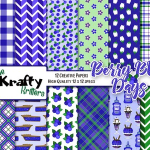 BERRY BLUE DAYS Digital Papers, 12 hoge kwaliteit jpeg papieren Instant Download, bosbes, bosbessen, bessenstruik, ijs, taart, sundae