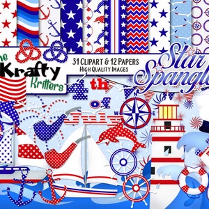 STAR SPANGLED Clipart & Papers Kit, 31 png Cliparts, 12 jpeg Papers Instant Download, july 4th, independence day, patriotic, stars stripes