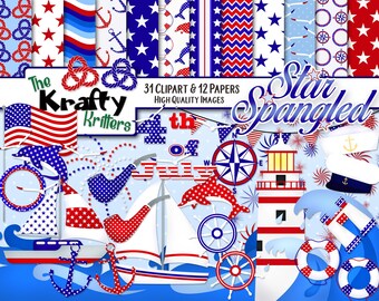 STAR SPANGLED Clipart & Papers Kit, 31 png Cliparts, 12 jpeg Papers Instant Download, july 4th, independence day, patriotic, stars stripes