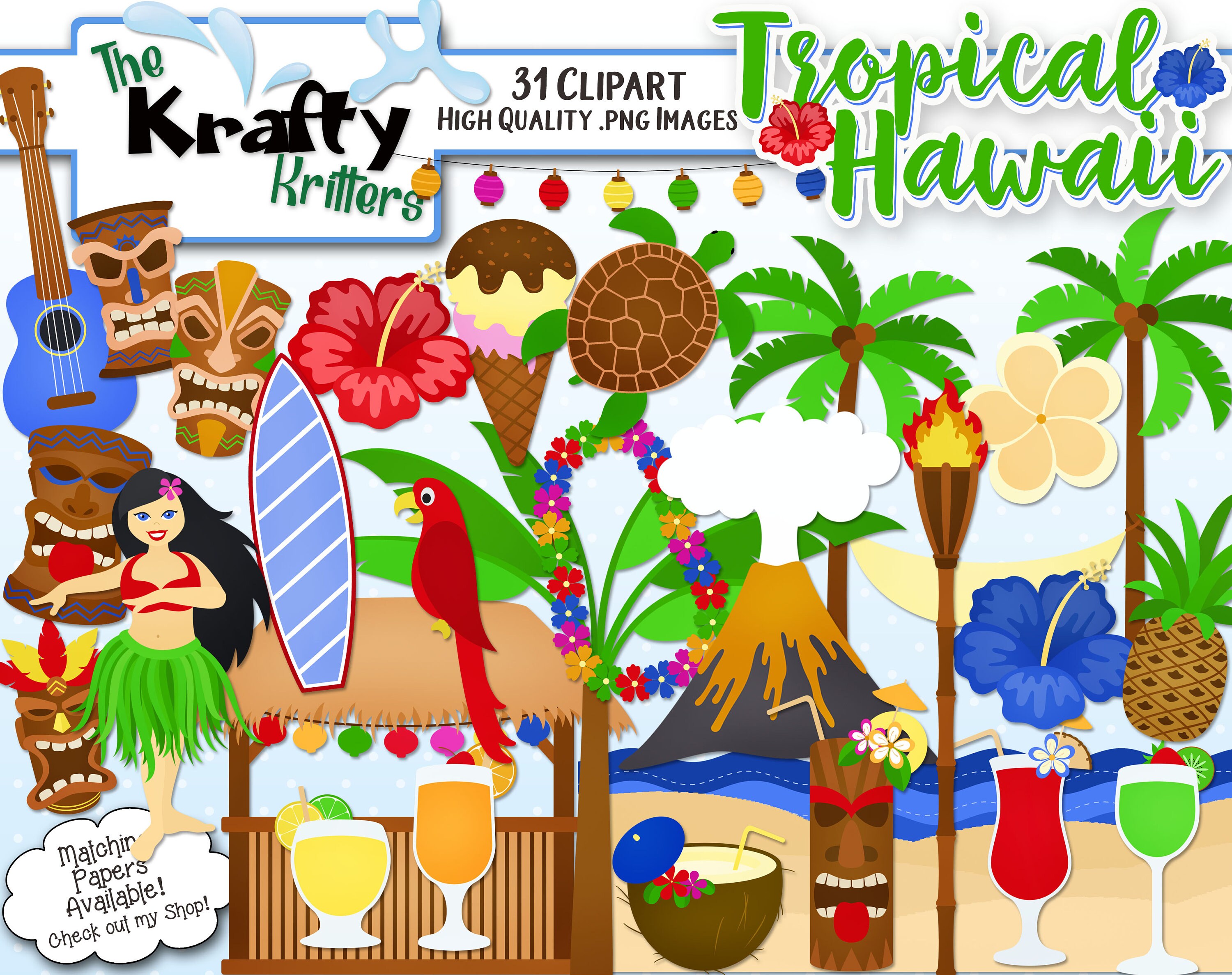 TROPICAL HAWAII Clipart & Papers Kit, 31 Png Cliparts, 12 Jpeg Papers