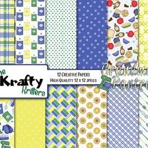 May include: A set of 12 digital papers featuring a variety of kitchen-themed patterns. The papers include a blue and yellow plaid, a green and yellow polka dot, a blue and white floral, a blue and white striped, a yellow and white floral, a blue and green woven pattern, a white with yellow and green cookie pattern, a blue and white striped, a yellow and white geometric pattern, and a white with gray kitchen utensils pattern. The papers are labeled "The Krafty Critters" and "Grandma's Pantry".