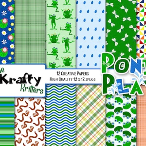 Könnte beinhalten: Ein Set mit 12 digitalen Papieren mit einem Teich-Thema. Die Papiere beinhalten verschiedene Muster, wie zum Beispiel grüne und blaue Streifen, grüne und blaue Karomuster und ein Muster mit grünen Fröschen auf hellgrünem Hintergrund. Der Text "The Krafty Critters" und "Pond Play" ist ebenfalls im Bild enthalten.