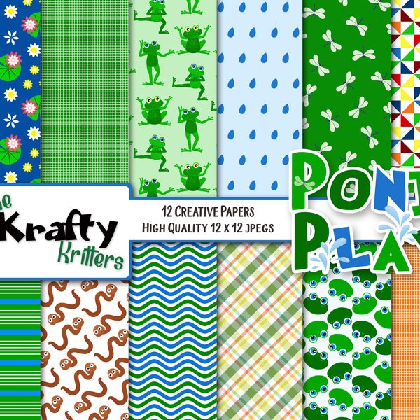POND PLAY Digital Papers, 12 High Quality jpeg papers Instant Download frogs, toads, dragonflies, worm, hook, fishing pole, lilypad, puddle