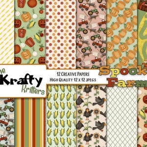 May include: A collection of 12 creative papers with a "Spooky Farm" theme. The papers feature various patterns, including pumpkins, tractors, corn, and polka dots. The Krafty Kritters logo is visible. Each paper is 12 x 12 inches.