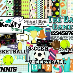 May include: A digital clipart set featuring illustrations of various sports equipment and accessories, including basketballs, footballs, baseballs, volleyballs, tennis rackets, and scoreboards. The set also includes 12 patterned papers with sports-themed designs. The text "The Ball Games" is featured in a large, bold font.