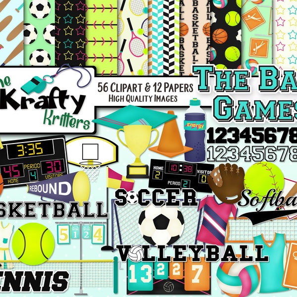 THE BALL GAMES (Girl) Clipart & Papers Kit, 56 png Cliparts, 12 jpeg Papers Instant Download, basketball, soccer softball, volleyball tennis