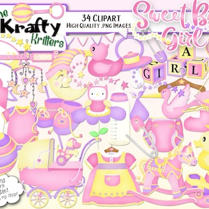 SWEET BABY GIRL Digital Clipart, 34 High Qualiy png Cliparts, Instant Download, infant girl, baby bottle, pacifier, pink baby, rubber ducky
