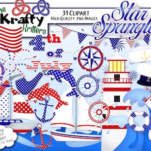 STAR SPANGLED digitale Clipart, 31 hohe Qualiy Png Cliparts, Instant Download, Segelboot, Delphin, Usa Flagge, Sterne und Streifen, patriotische