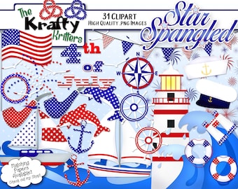 STAR SPANGLED Digital Clipart, 31 High Qualiy png Cliparts, Instant Download, sail boat, dolphin, usa flag, stars and stripes, patriotic