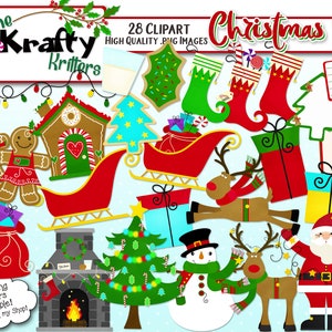 CHRISTMAS EVE Digitale Clipart, 28 hohe Qualiy Png Cliparts, Instant Download Schlitten Lebkuchen Haus Mädchen junge Geschenk Strumpf Milch Redes