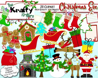 CHRISTMAS EVE Digital Clipart, 28 High Qualiy png Clipart, Instant Download Slitta pan di zenzero casa ragazzo regalo calza renna di latte