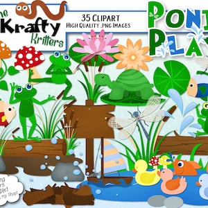 Op de afbeelding: Een set van 35 clipart-afbeeldingen met afbeeldingen van vijverleven, waaronder kikkers, schildpadden, libellen, waterlelies en een boot. De afbeeldingen zijn in cartoon-stijl en perfect voor gebruik in educatief materiaal, knutselen of scrapbooking.