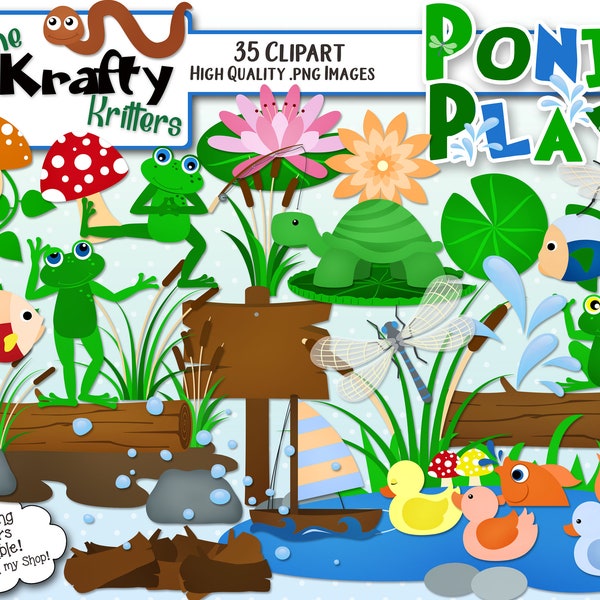 POND PLAY Digital Clipart, 35 High Qualiy png Cliparts, Instant Download, ducky, goldfish, pond, lake, puddle, splash, log, mud, spring, fly