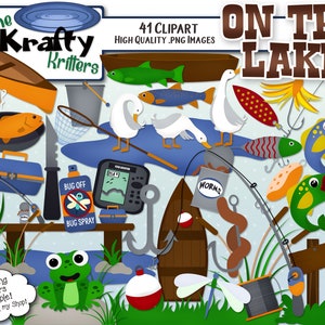 AUF DEM LAKE Digital Clipart, 41 High Qualiy Png Cliparts, Instant Download Angeln Tackle Box lockt Wurm Dock Wasserboote Pan Frösche Kanu
