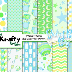 SWEET BABY BOY Digital Papers, 12 High Quality jpeg papers Instant Download, infant boy, blue baby, yellow baby, pacifier, rattle, onsie