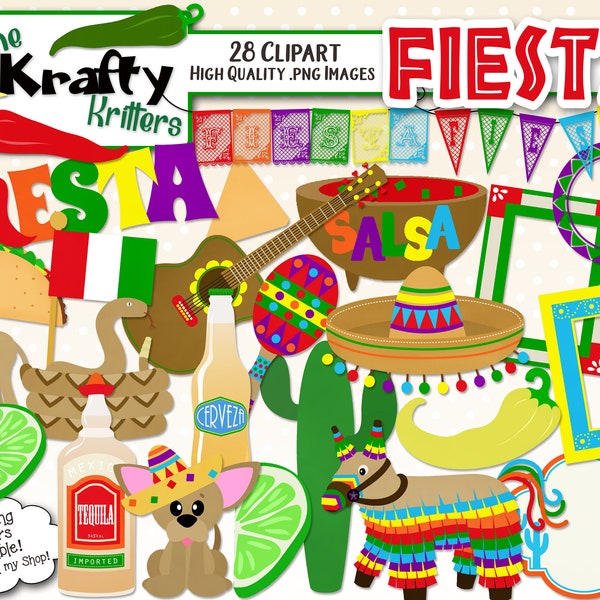 FIESTA Digital Clipart, 28 High Qualiy png Cliparts, Instant Download chihuahua banner taco donkey chili cactus cerveza pinata guitar flag