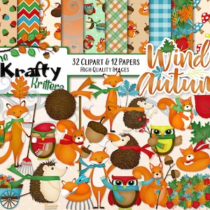 WINDY AUTUMN Clipart & Papers Kit, 32 png Cliparts, 12 jpeg Papers Instant Download leaves, wagon, squirrel, chipmunk, fox, owl, hedgehog